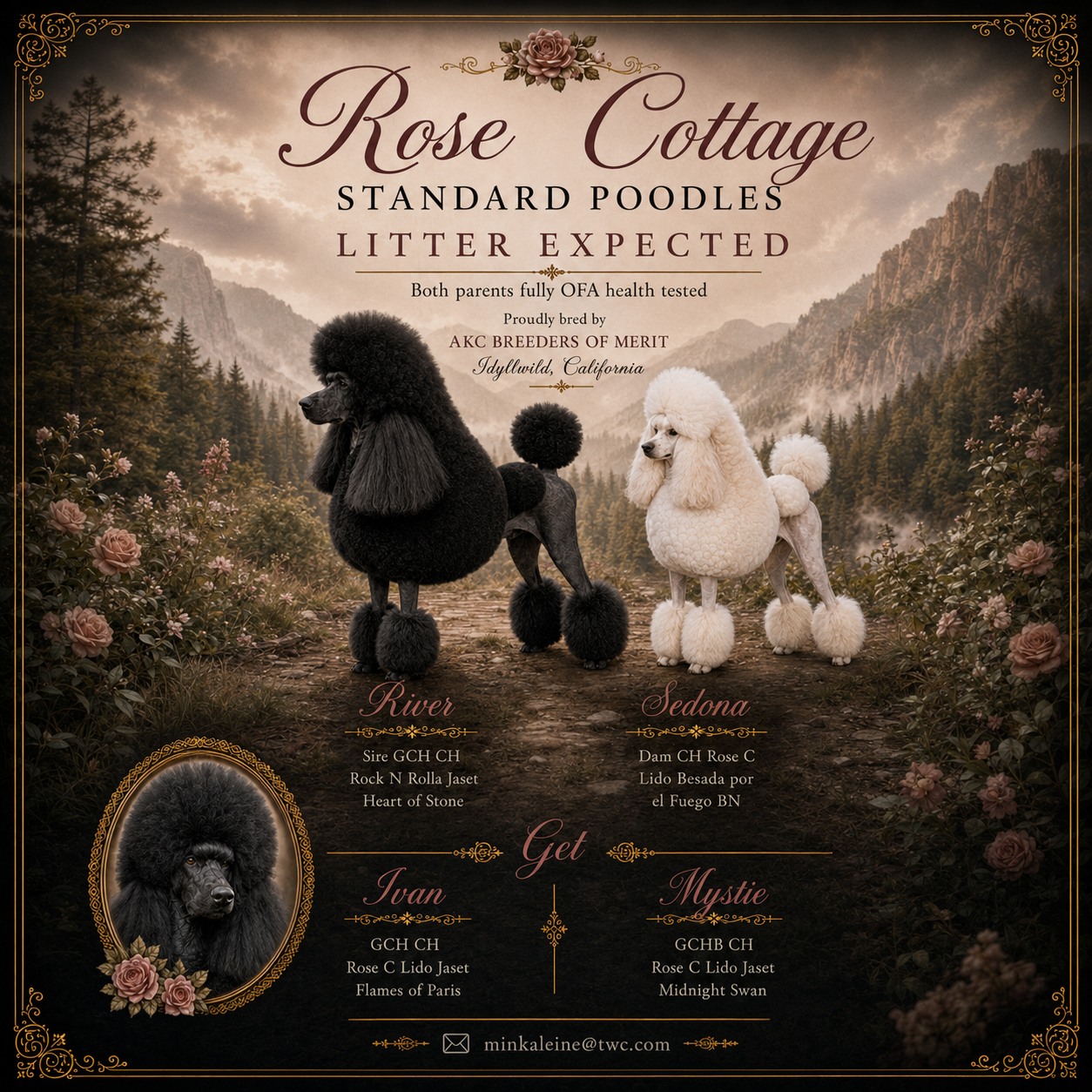 Rose Cottage Standard Poodles litter announcement featuring River and Sedona
